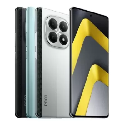 Smartphones POCO com traseira de vidro e quatro lentes de câmara, ecrã com padrão amarelo e cinza