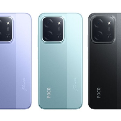 Três smartphones POCO em lilás, verde água e preto com câmaras quadradas