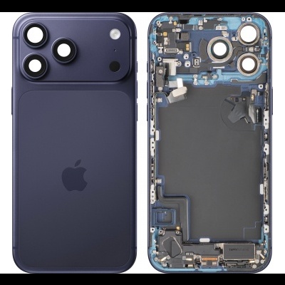 Smartphone azul escuro lado traseiro e desmontado mostrando componentes internos