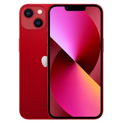 Smartphone iPhone vermelho de frente e verso com ecrã ligado