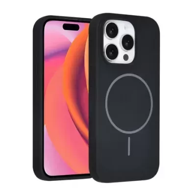 Smartphone com capa preta e símbolo circular cinzento na traseira