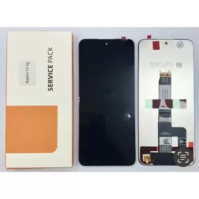Caixa branca com etiqueta Redmi 12 4g e dois ecrãs de telemóvel para substituição