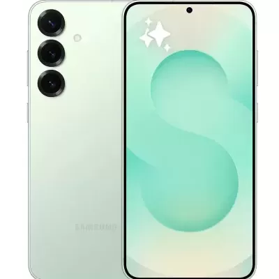 Smartphone Samsung verde claro com três câmaras e ecrã frontal com orifício para câmara