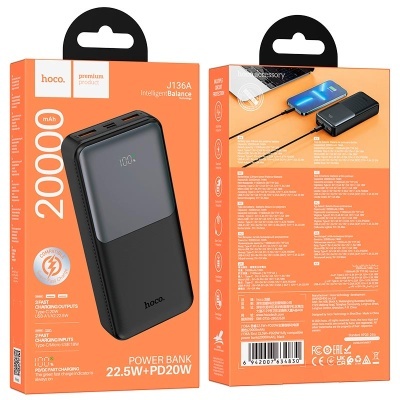 Power bank hoco. preto com capacidade 20000 mAh em embalagem laranja.