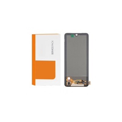 Ecrã smartphone preto com conector e embalagem branca e laranja com texto SERVICE PACK