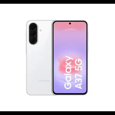 Smartphone Samsung Galaxy A37 5G branco com ecrã frontal e três câmaras traseiras