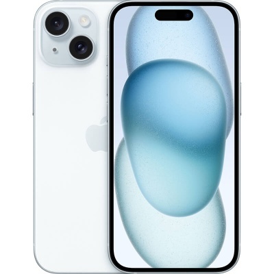 Smartphone Apple iPhone branco com duas câmaras traseiras e ecrã frontal com fundo azul abstrato