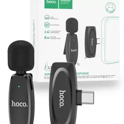 Microfone sem fios Hoco preto com transmissor tipo C e embalagem