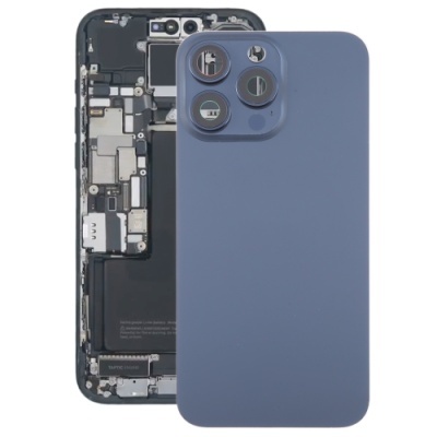 Smartphone com parte traseira removida mostrando componentes internos e tampa azul fosca com lentes da câmara