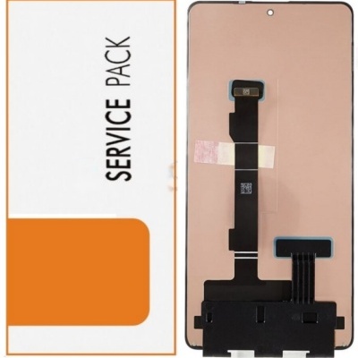 Ecrã táctil rosa para smartphone com cabo flexível preto ao lado de embalagem 'SERVICE PACK'