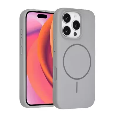 Smartphone com capa protetora cinzenta e desenho circular na parte traseira