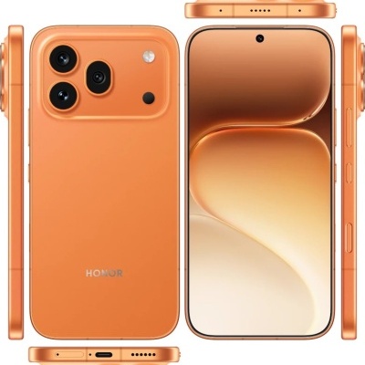 Smartphone HONOR cor laranja vista frontal, traseira e laterais