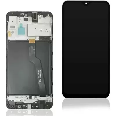 Painel de ecrã LCD com moldura e conjunto traseiro de smartphone sobre fundo branco.