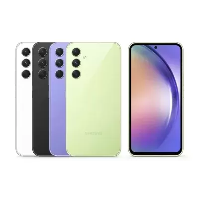 Cinco smartphones Samsung em várias cores, visto da frente e de costas