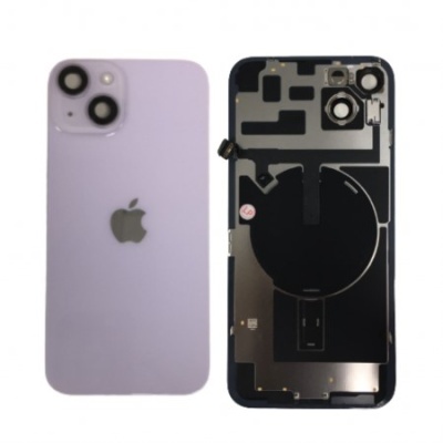 Parte traseira de iPhone lilás e sua capa interna preta com componentes visíveis