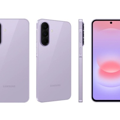 Smartphone Samsung lilás visto de frente, costas e lateral