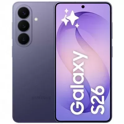 Smartphone Samsung Galaxy S26 roxo com ecrã e três câmaras atrás