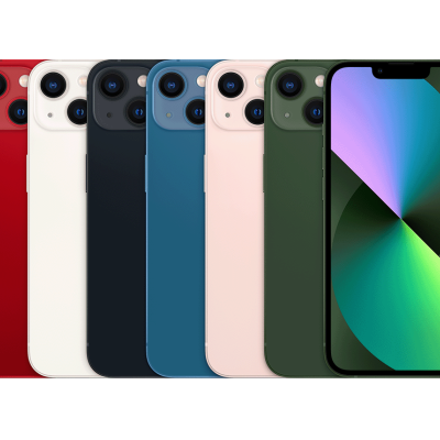 Sete smartphones de várias cores alinhados, um com ecrã ligado a mostrar gradiente.