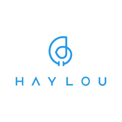 Logótipo azul da marca HAYLOU com símbolo gráfico circular sobre fundo branco