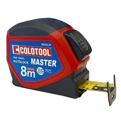 Trena Colotool Master 8m vermelha e preta com fita métrica amarela.