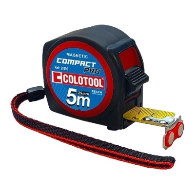 Trena Colotool Compact Pro magnética 5 m com fita amarela e caixa preta e vermelha.