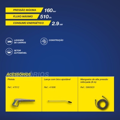 Especificações técnicas e acessórios com imagens de pistola, lança ajustável e mangueira de alta pressão em fundo azul e amarelo