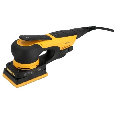 Lixadora elétrica preta e amarela da marca Mirka com cabo preto e base retangular