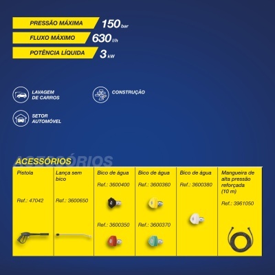 Especificações e acessórios de equipamento para lavagem de carros em fundo azul