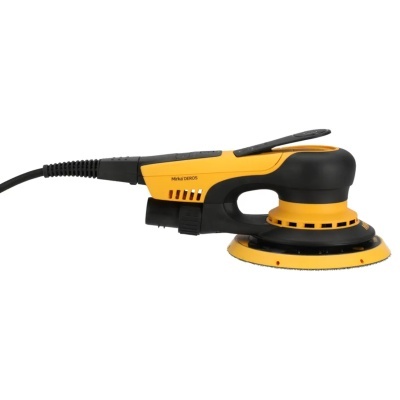 Lixadora elétrica Mirka DEROS amarela e preta com cabo e base redonda.
