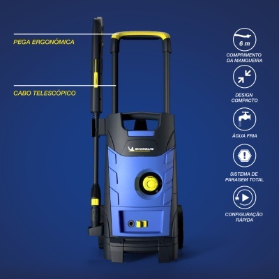 Lavadora de alta pressão azul e preta com pega ergonómica e cabo telescópico