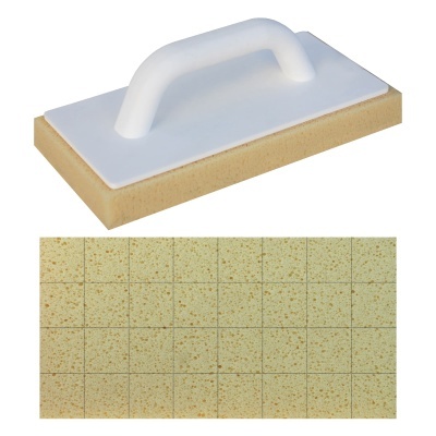 Esponja retangular amarela com cabo branco para limpar azulejos