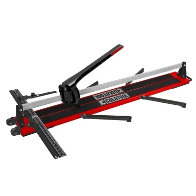 Cortador manual de azulejos preto e vermelho com alavanca e escala métrica