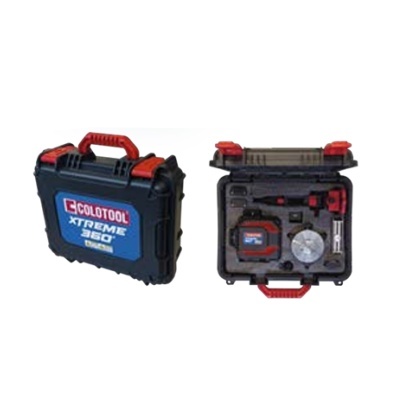 Caixa de ferramentas COLOTOOL XTREME 360 fechada e aberta com ferramentas de medição