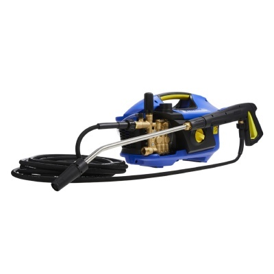 Lava jato azul e amarelo com pistola e mangueira