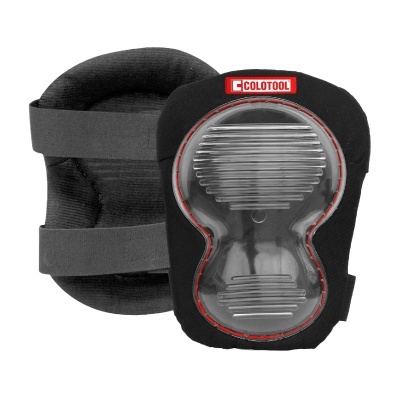 Joelheiras pretas com proteção frontal transparente e tiras elásticas