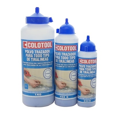Frascos brancos com tampa azul e rótulos COLOTOOL PÓ TRAÇADOR