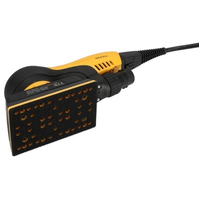 Lixadora elétrica amarela e preta com base retangular perfurada
