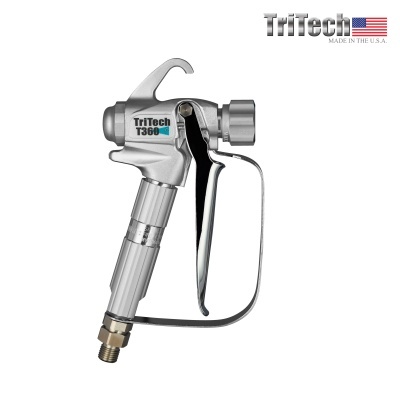Pistola de pintura metálica prateada TriTech T360 com inscrição e logo