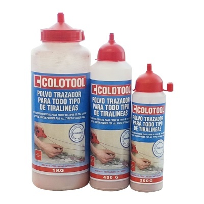Três frascos de pó traçador COLOTOOL com tampas vermelhas em diferentes tamanhos
