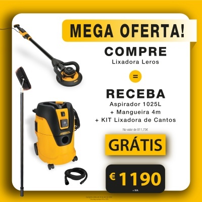 Promoção de lixadora e aspirador de pó amarelo e preto com oferta grátis