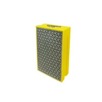 Caixa retangular amarela com padrão geométrico cinza