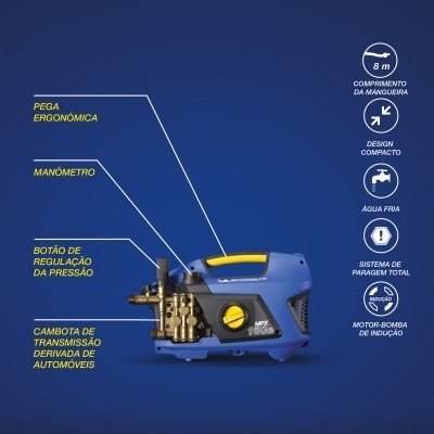 Máquina de pressão azul com componentes destacados e ícones técnicos num fundo azul.