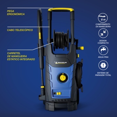 Lavadora de alta pressão azul e preta com mangueira enrolada e pega amarela