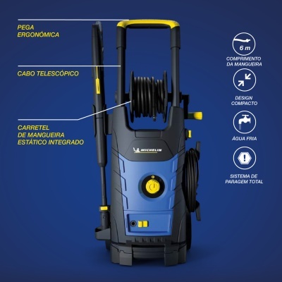 Máquina de lavar alta pressão MICHELIN azul com pegas ergonómicas amarelas e carrete de mangueira