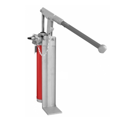 Elevador hidráulico manual vermelho e cinzento em fundo branco