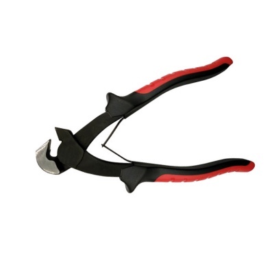 Alicate preto e vermelho com mola em fundo branco