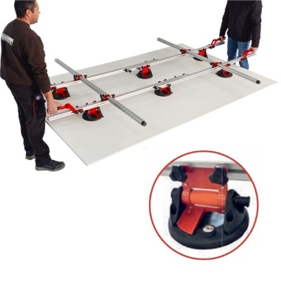 Dispositivo de elevação com ventosas e estrutura metálica para placas brancas com detalhe ampliado da ventosa.