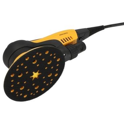 Lixadora elétrica Mirka DEROS amarela e preta com base circular e cabo preto.