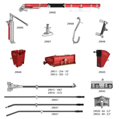 Ferramentas e peças metálicas vermelhas e prateadas com rodas e alças, com etiquetas numéricas e texto EXULANS TAPPING TOOLS.