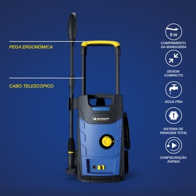 Máquina de lavar alta pressão azul e preta com pega amarela e cabo telescópico